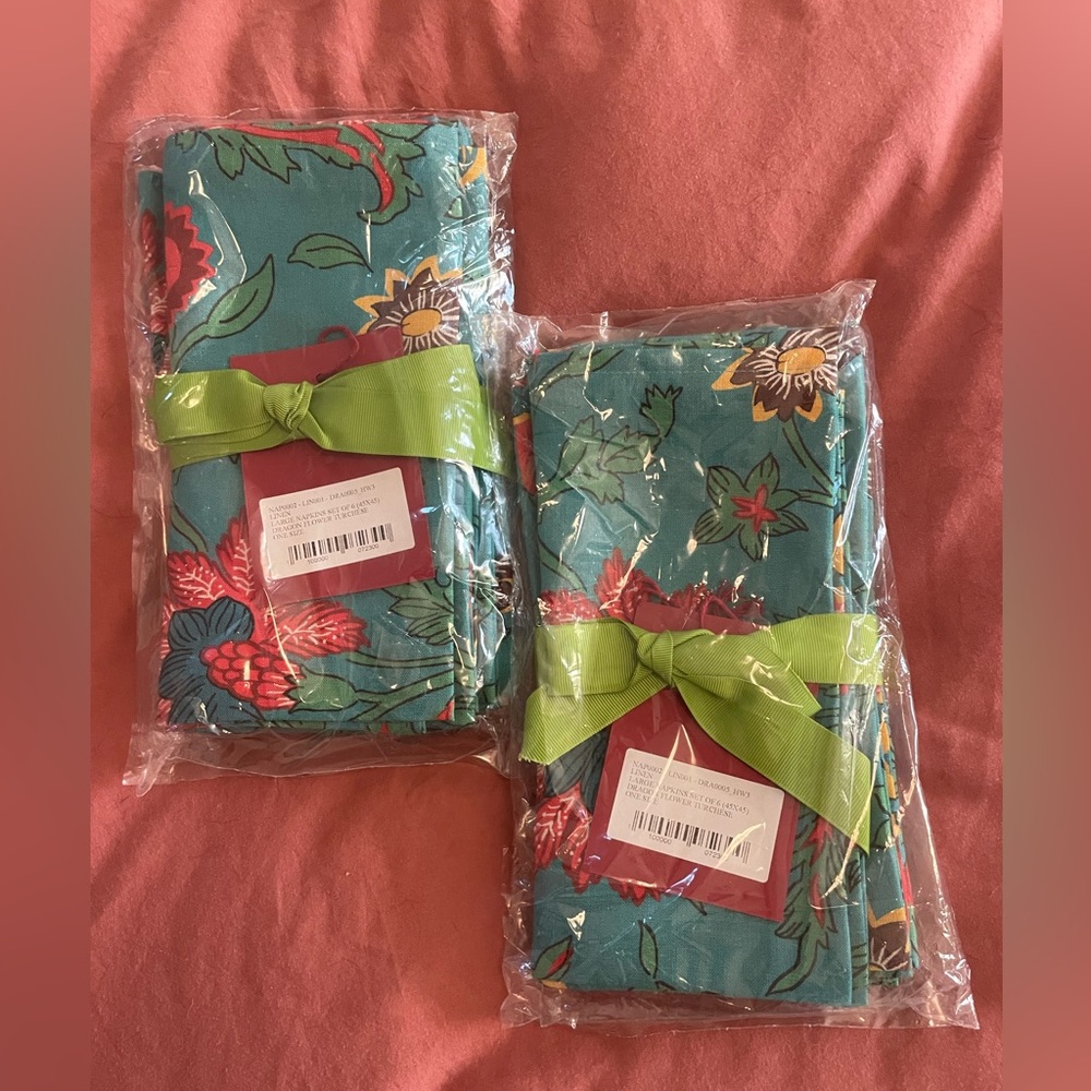NWT LA Double J Dragon Flower Turchese large linens napkins, set of 6